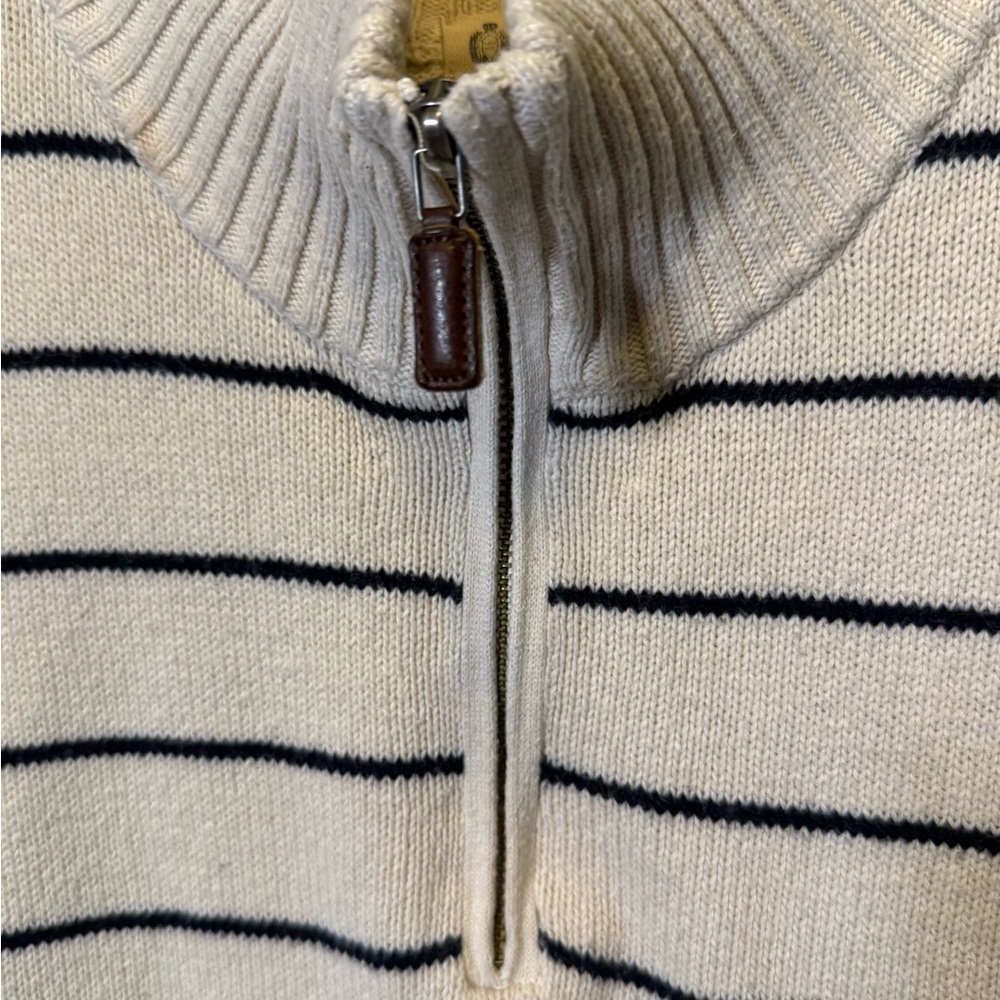 J. Crew Men's Cream and Black Striped Heritage Zip-Up Sweater size Large - Picture 6 of 9